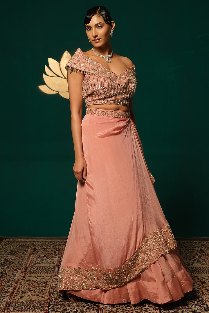 Peach Chinon Embroidered Wedding Lehenga Set by Niloufer by Aasif Ally at Pernia's Pop Up Shop
