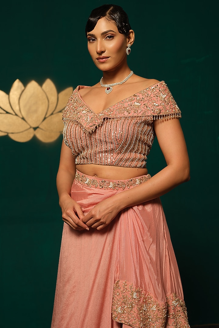 Peach Chinon Embroidered Wedding Lehenga Set by Niloufer by Aasif Ally at Pernia's Pop Up Shop