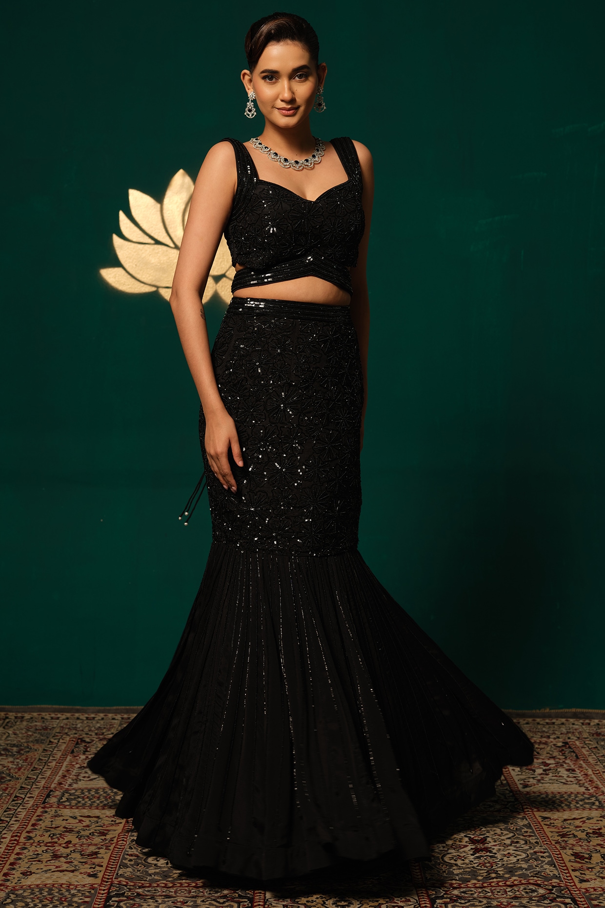 Niloufer by Aasif Ally Black Chinon Embroidered Lehenga Set