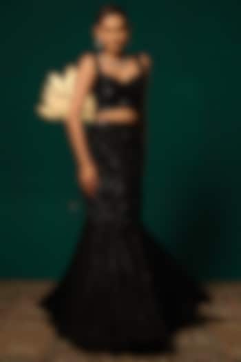 Black Chinon Embroidered Wedding Lehenga Set by Niloufer by Aasif Ally at Pernia's Pop Up Shop