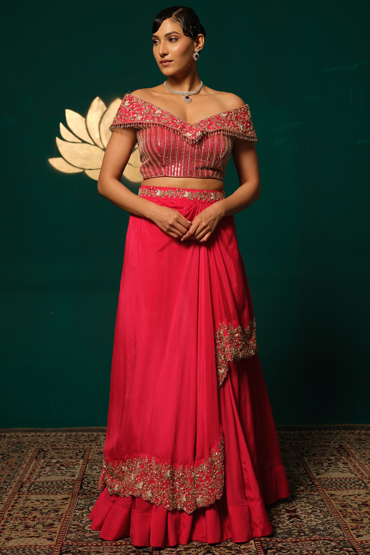 Niloufer by Aasif Ally Red Chinon Embroidered Lehenga Set