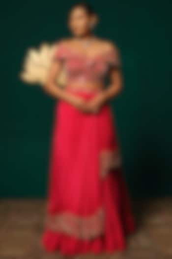 Red Chinon Embroidered Wedding Lehenga Set by Niloufer by Aasif Ally at Pernia's Pop Up Shop