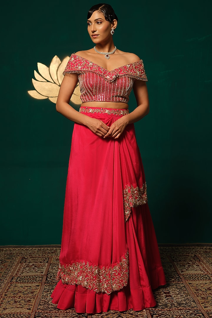 Red Chinon Embroidered Wedding Lehenga Set by Niloufer by Aasif Ally at Pernia's Pop Up Shop