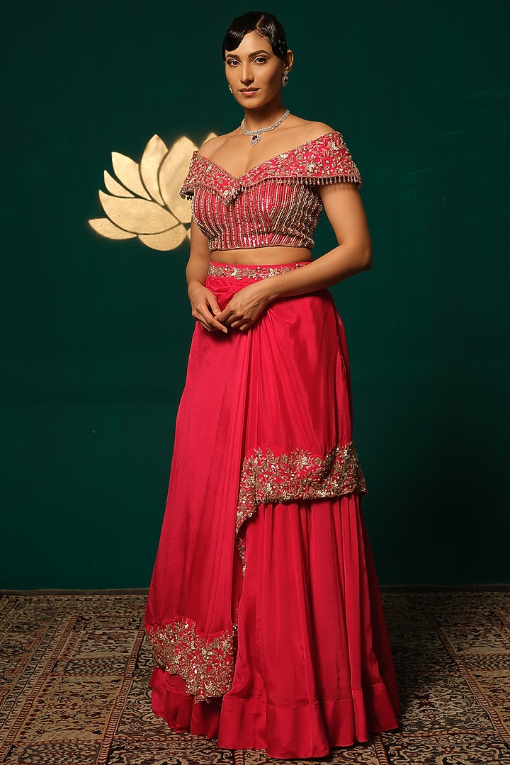 Red Chinon Embroidered Wedding Lehenga Set by Niloufer by Aasif Ally at Pernia's Pop Up Shop
