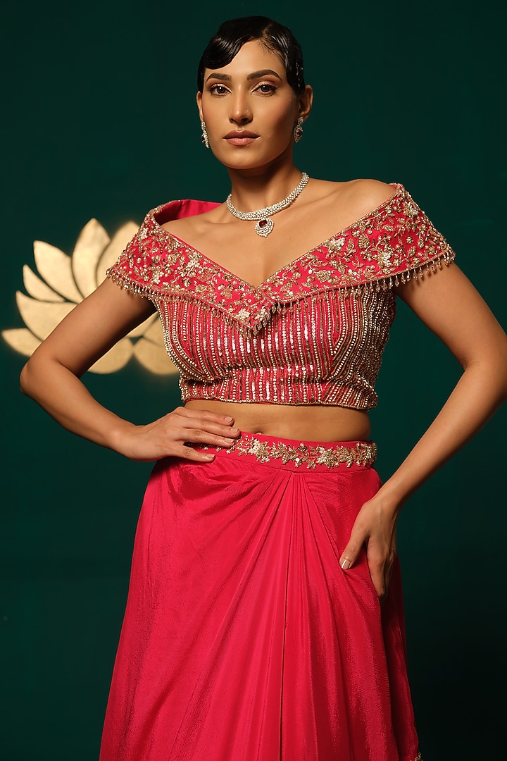 Red Chinon Embroidered Wedding Lehenga Set by Niloufer by Aasif Ally at Pernia's Pop Up Shop