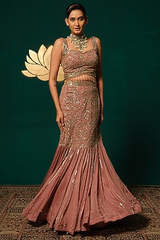 Beige Chinon Embroidered Lehenga Set by Niloufer by Aasif Ally