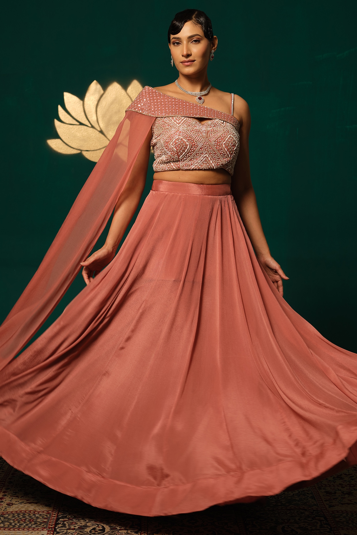 Niloufer by Aasif Ally Pink Chinon Lehenga Set