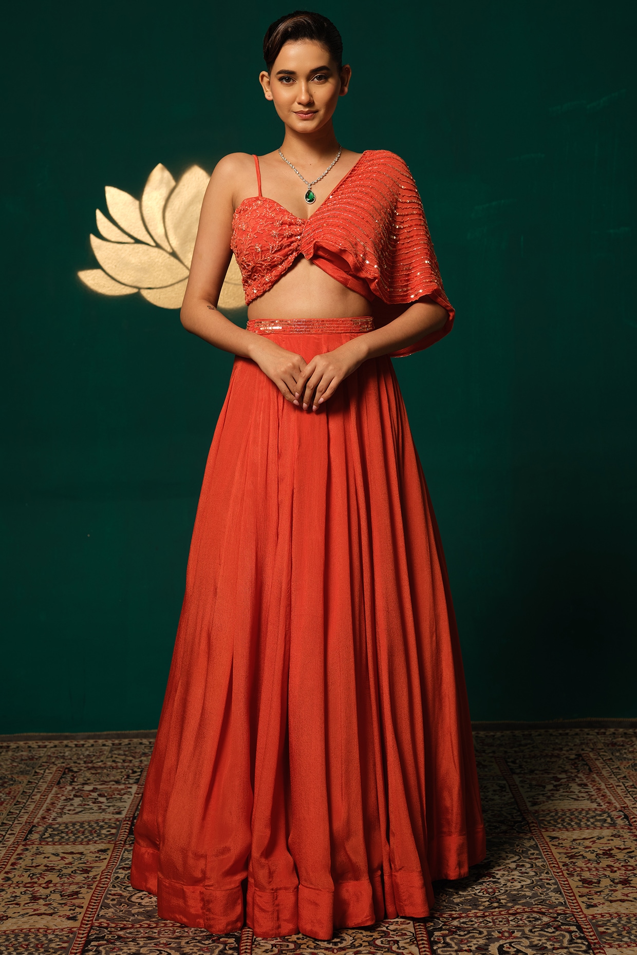 Niloufer by Aasif Ally Orange Chinon Embroidered Lehenga Set