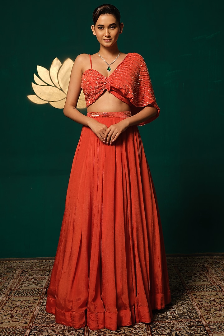 Orange Chinon Embroidered Wedding Lehenga Set by Niloufer by Aasif Ally at Pernia's Pop Up Shop