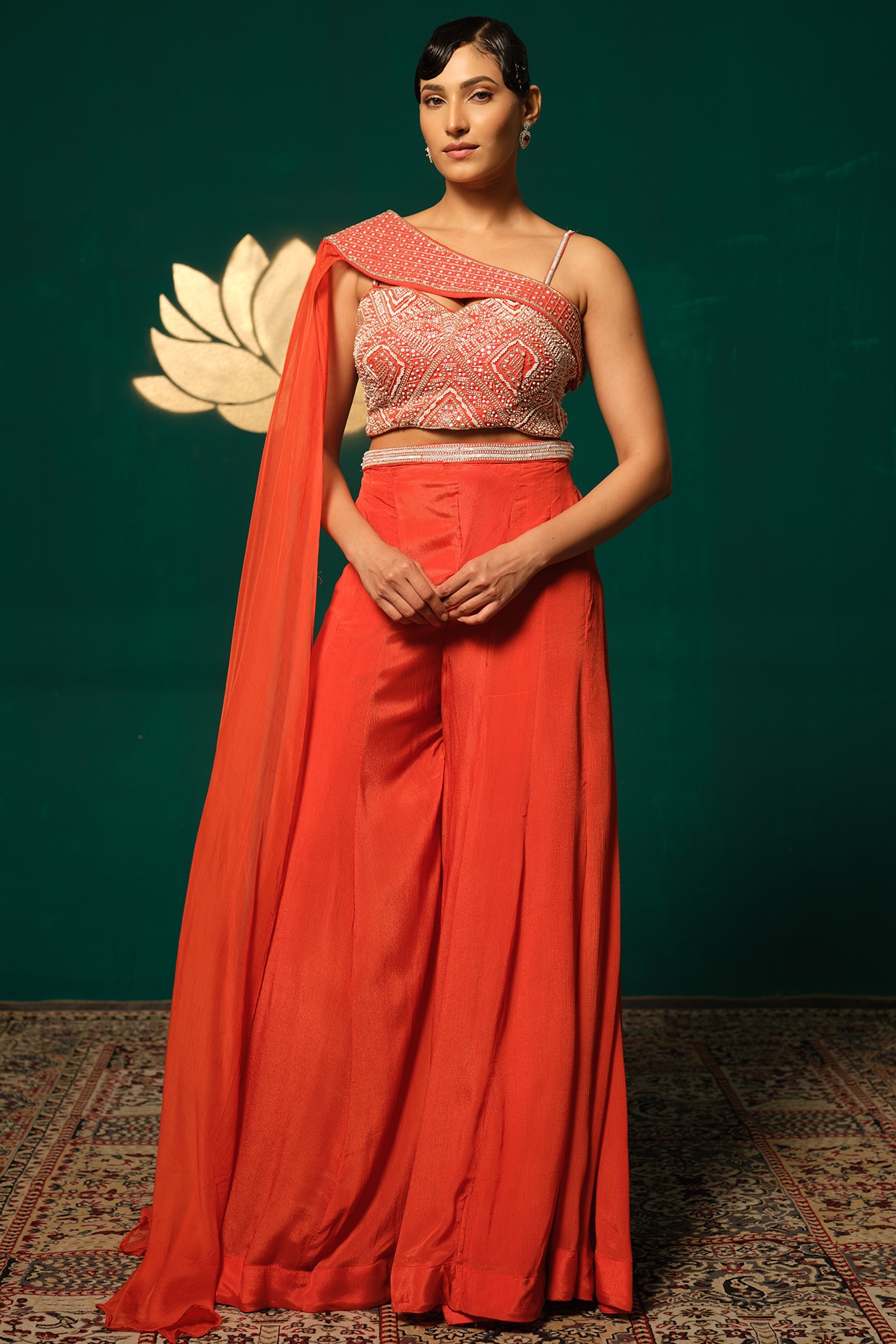 Niloufer by Aasif Ally Orange Chinon Sharara Set