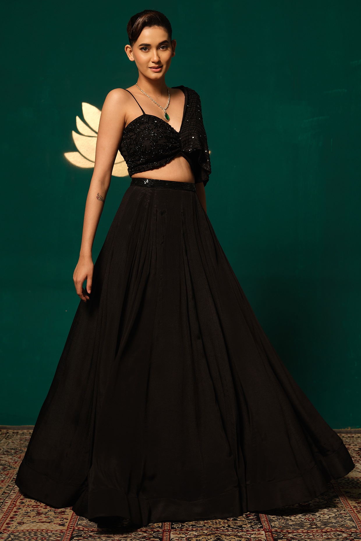 Niloufer by Aasif Ally Black Chinon Embroidered Lehenga Set