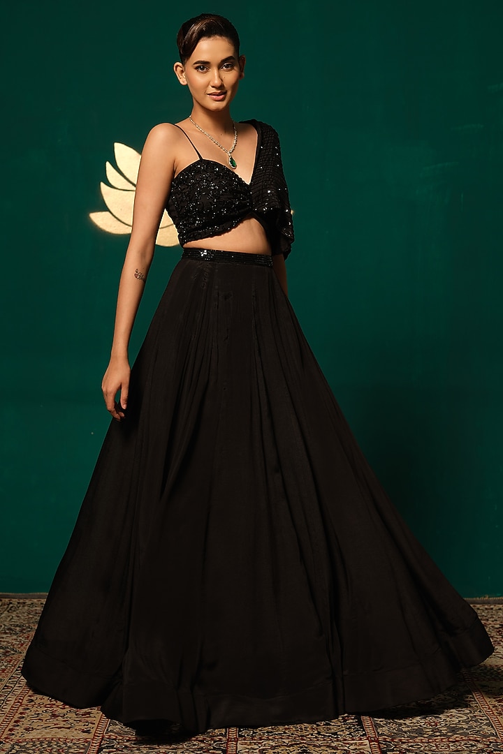 Black Chinon Embroidered Wedding Lehenga Set by Niloufer by Aasif Ally at Pernia's Pop Up Shop