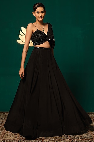 Black Chinon Embroidered Lehenga Set by Niloufer by Aasif Ally