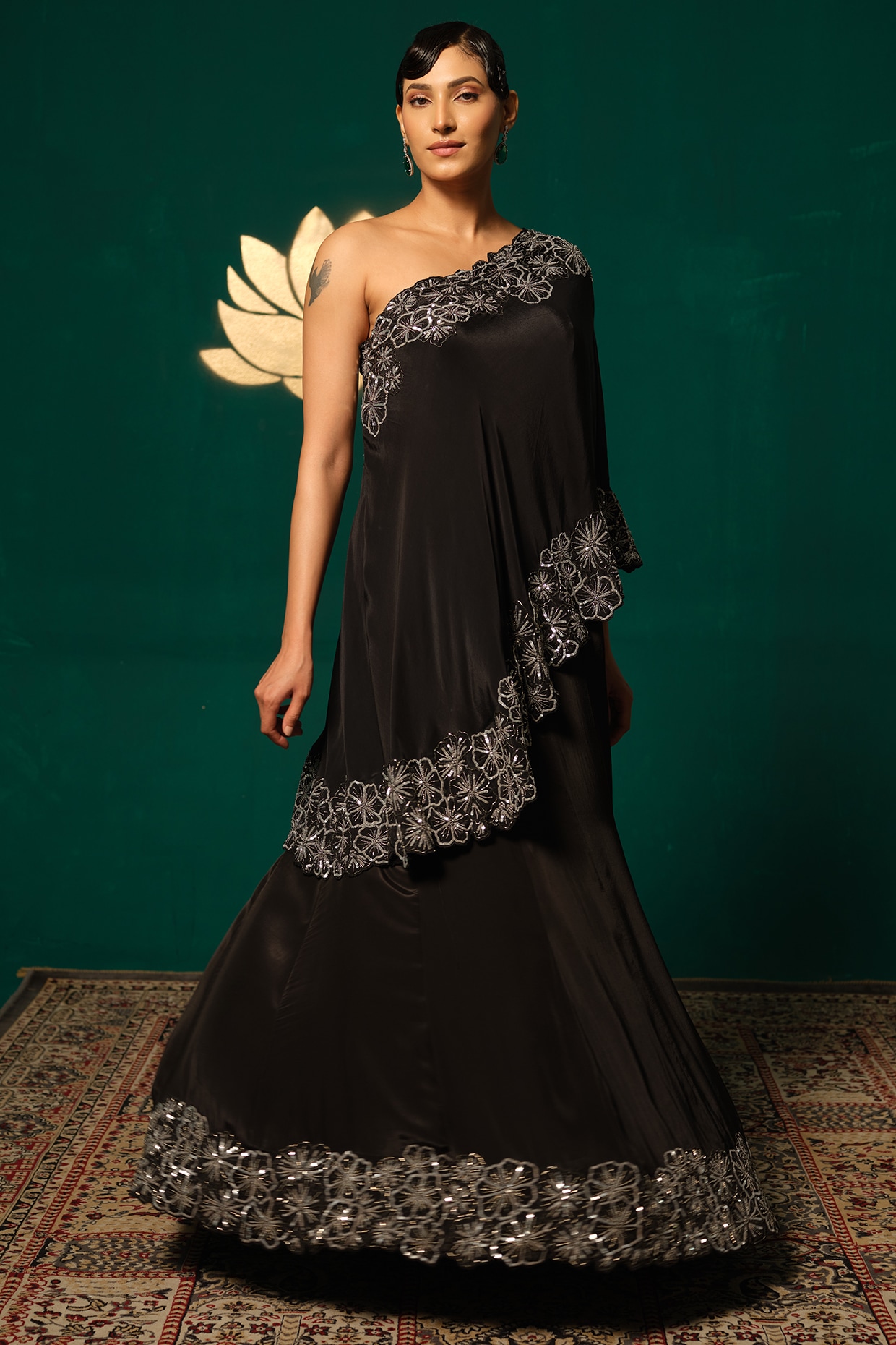 Niloufer by Aasif Ally Black Crepe Embroidered Lehenga Set