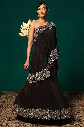 Black Crepe Embroidered Lehenga Set by Niloufer by Aasif Ally