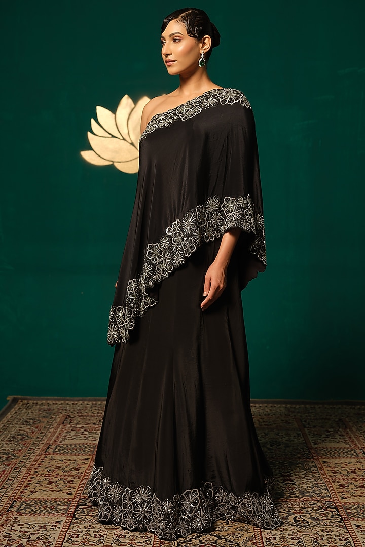 Black Crepe Embroidered Wedding Lehenga Set by Niloufer by Aasif Ally at Pernia's Pop Up Shop