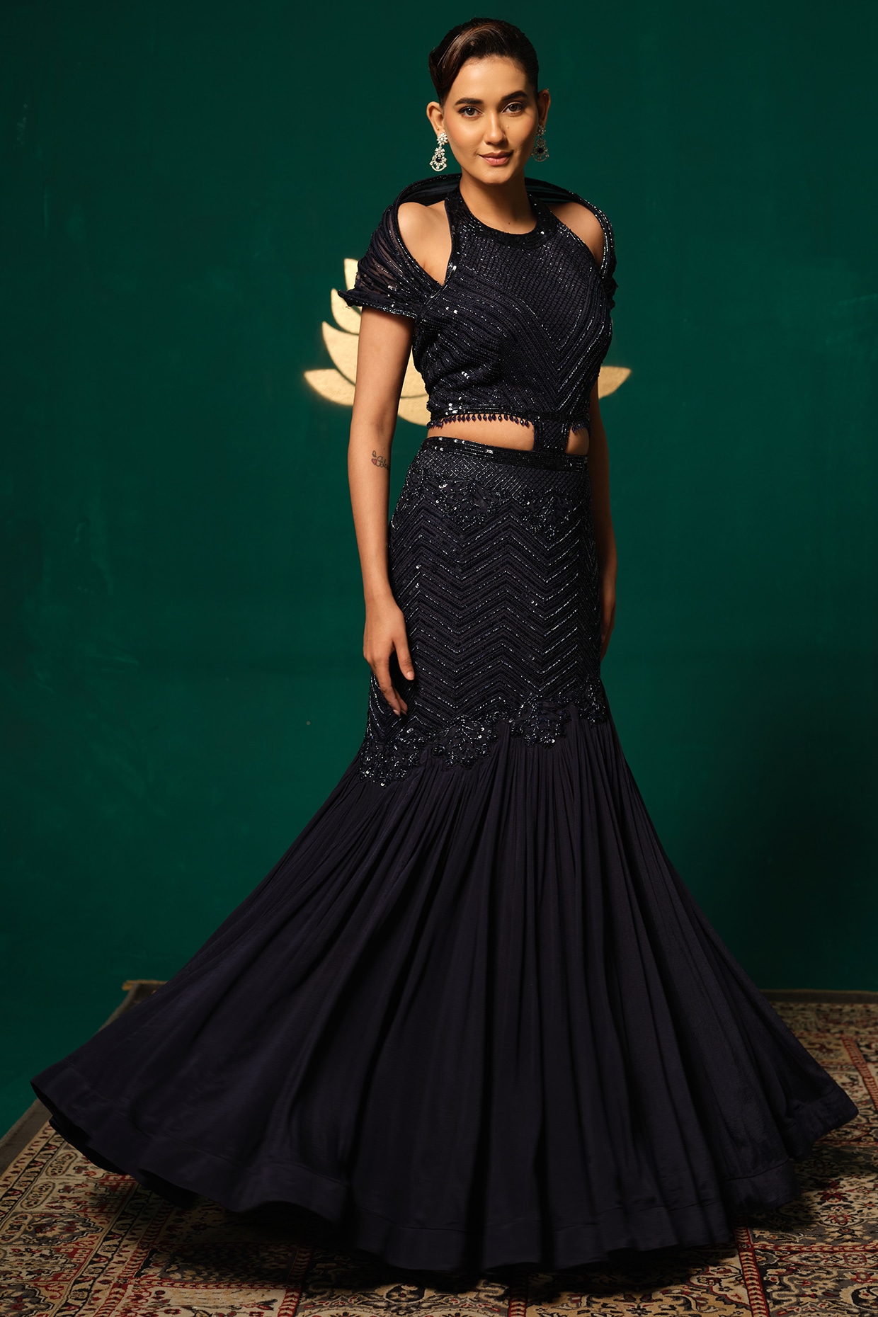 Niloufer by Aasif Ally Navy Blue Chinon Embroidered Gown