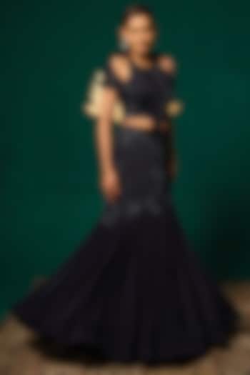 Navy Blue Chinon Embroidered Engagement Gown by Niloufer by Aasif Ally at Pernia's Pop Up Shop