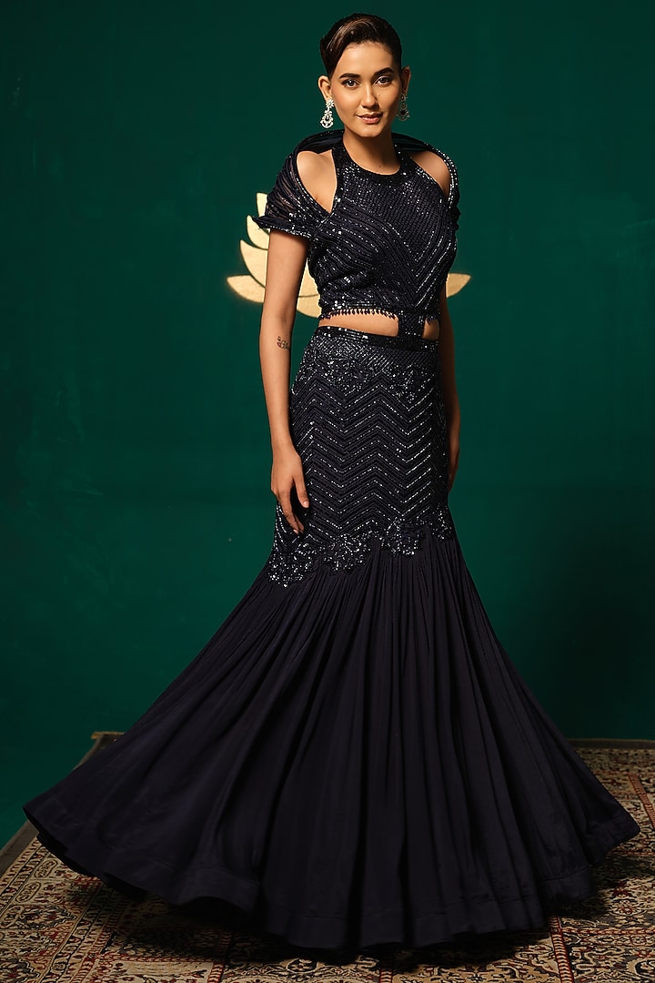 Navy Blue Chinon Embroidered Engagement Gown by Niloufer by Aasif Ally at Pernia's Pop Up Shop
