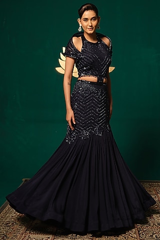 Navy Blue Chinon Embroidered Gown by Niloufer by Aasif Ally