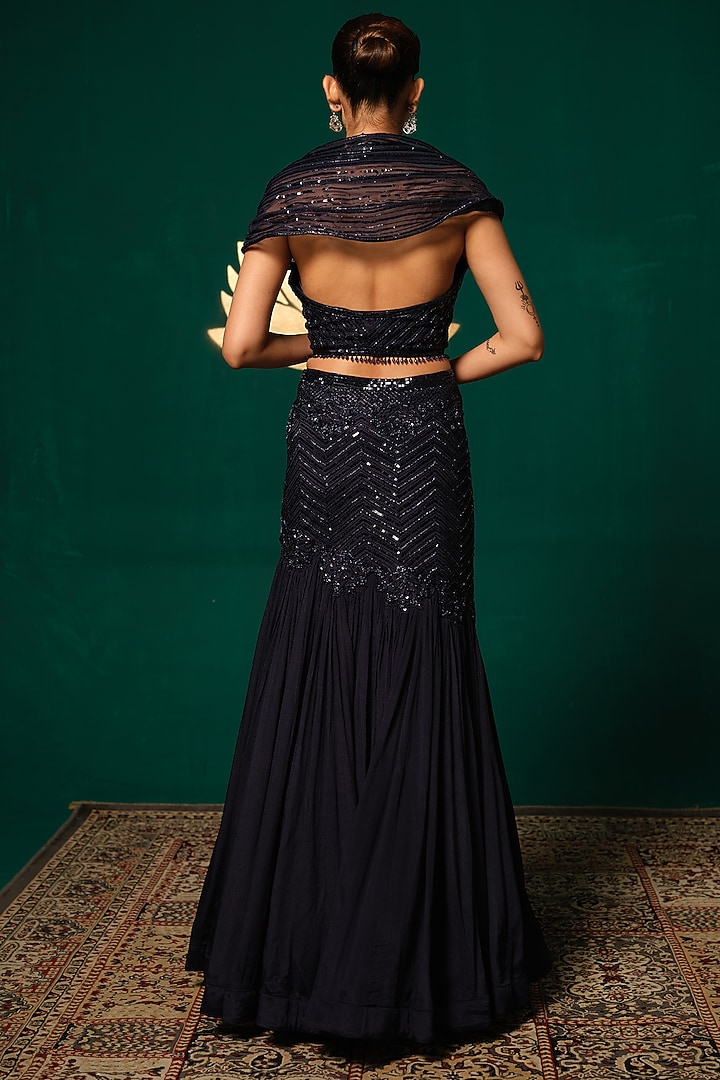 Navy Blue Chinon Embroidered Engagement Gown by Niloufer by Aasif Ally at Pernia's Pop Up Shop