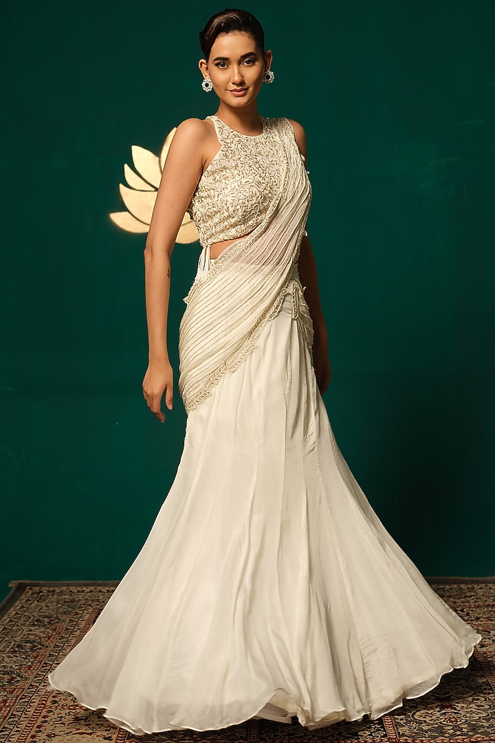 Ivory Chinnon & Tissue Embroidered Ready-To-Wear Wedding Saree Set by Niloufer by Aasif Ally at Pernia's Pop Up Shop