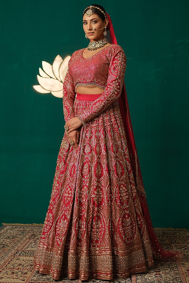 Red Silk Motif & Zardosi Embroidered Bridal Lehenga Set by Niloufer by Aasif Ally at Pernia's Pop Up Shop