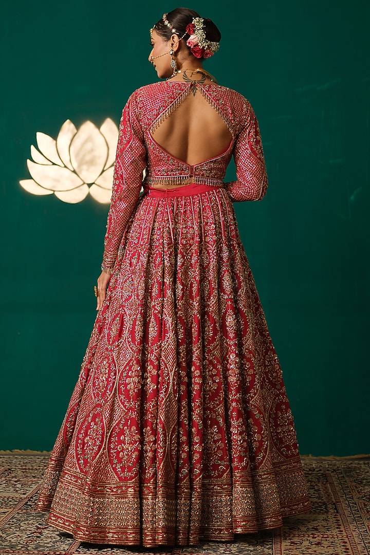 Red Silk Motif & Zardosi Embroidered Bridal Lehenga Set by Niloufer by Aasif Ally at Pernia's Pop Up Shop