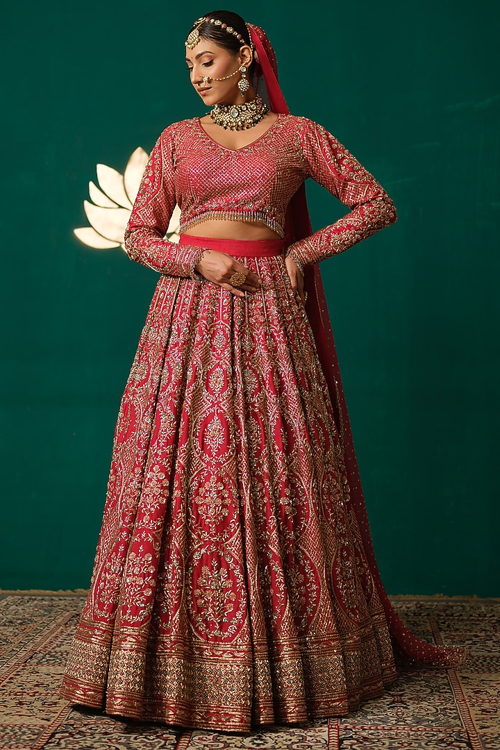 Red Silk Motif & Zardosi Embroidered Bridal Lehenga Set by Niloufer by Aasif Ally at Pernia's Pop Up Shop