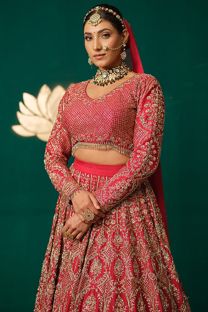 Red Silk Motif & Zardosi Embroidered Bridal Lehenga Set by Niloufer by Aasif Ally at Pernia's Pop Up Shop