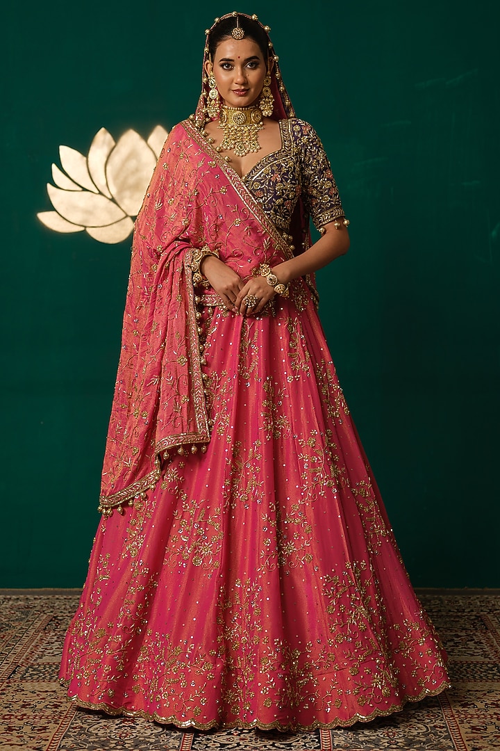 Pink Shimmer Tissue Floral & Zardosi Embroidered Bridal Lehenga Set by Niloufer by Aasif Ally at Pernia's Pop Up Shop