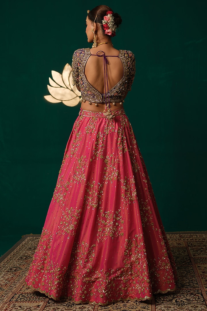 Pink Shimmer Tissue Floral & Zardosi Embroidered Bridal Lehenga Set by Niloufer by Aasif Ally at Pernia's Pop Up Shop
