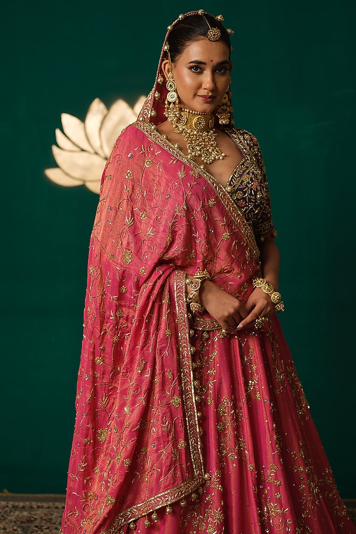 Pink Shimmer Tissue Floral & Zardosi Embroidered Bridal Lehenga Set by Niloufer by Aasif Ally at Pernia's Pop Up Shop