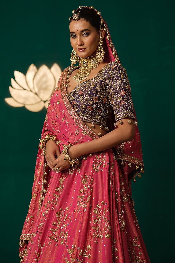 Pink Shimmer Tissue Floral & Zardosi Embroidered Bridal Lehenga Set by Niloufer by Aasif Ally at Pernia's Pop Up Shop