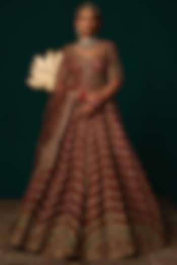 Maroon Silk Zardosi & Sequin Embroidered Flared Bridal Lehenga Set by Niloufer by Aasif Ally at Pernia's Pop Up Shop