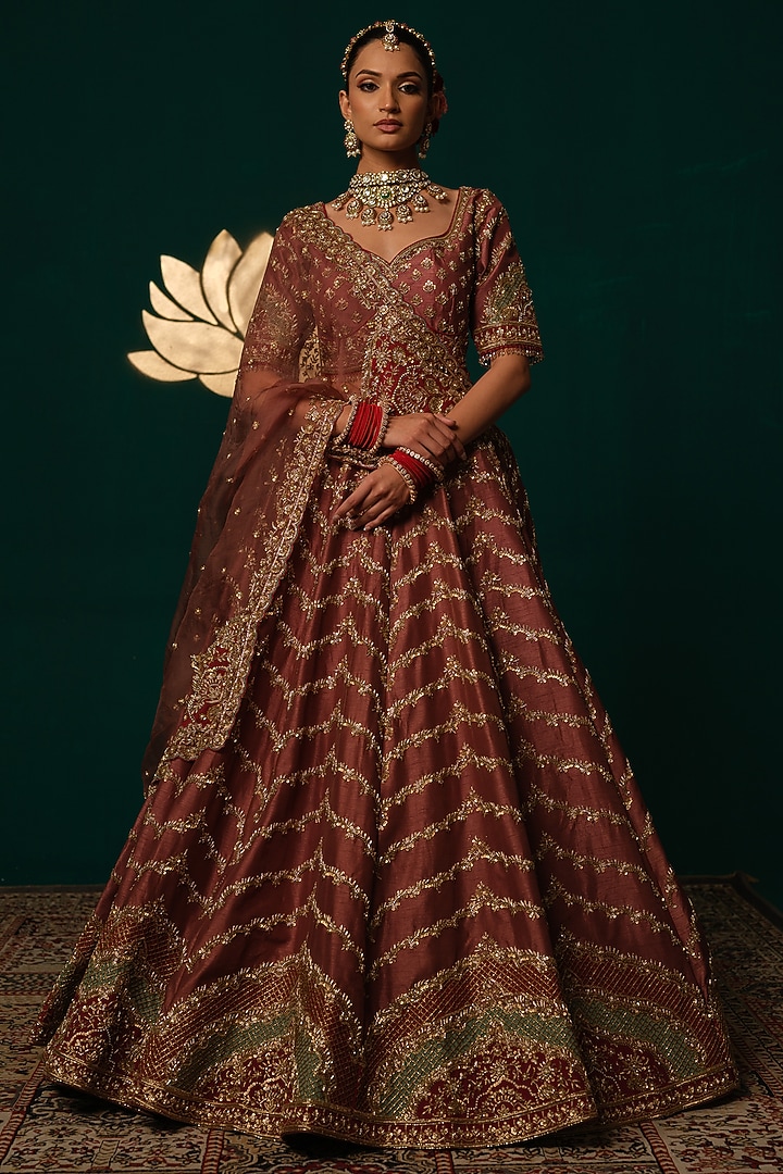 Maroon Silk Zardosi & Sequin Embroidered Flared Bridal Lehenga Set by Niloufer by Aasif Ally at Pernia's Pop Up Shop