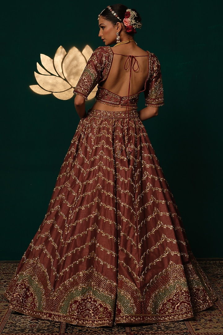 Maroon Silk Zardosi & Sequin Embroidered Flared Bridal Lehenga Set by Niloufer by Aasif Ally at Pernia's Pop Up Shop