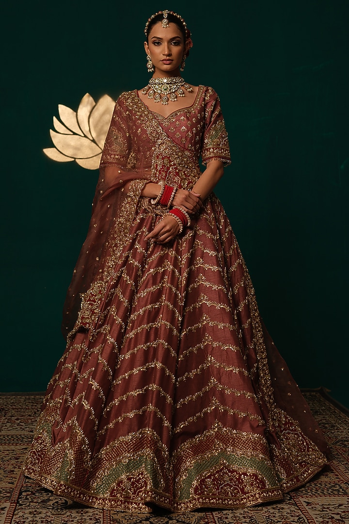 Maroon Silk Zardosi & Sequin Embroidered Flared Bridal Lehenga Set by Niloufer by Aasif Ally at Pernia's Pop Up Shop