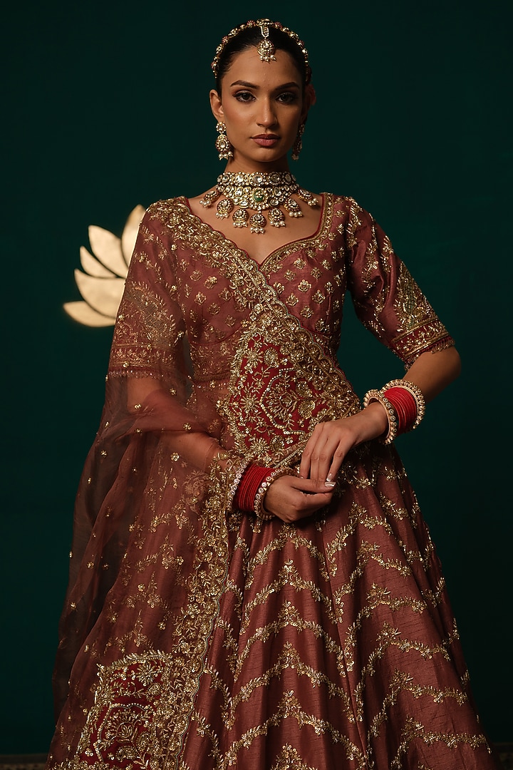 Maroon Silk Zardosi & Sequin Embroidered Flared Bridal Lehenga Set by Niloufer by Aasif Ally at Pernia's Pop Up Shop