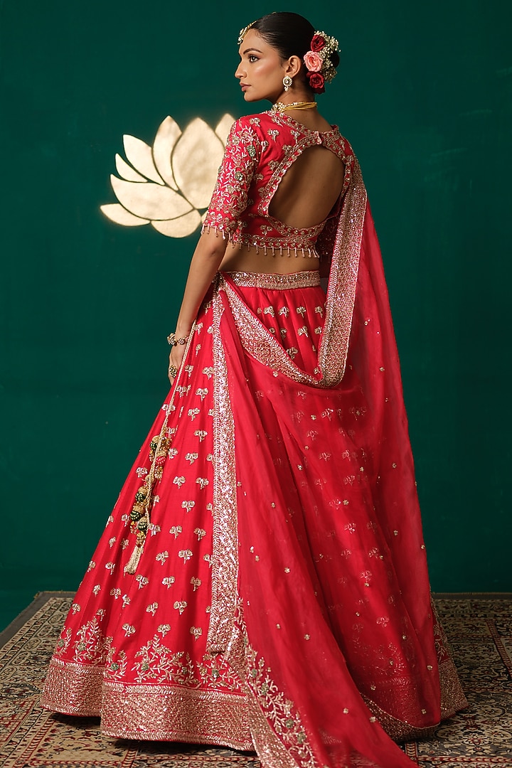 Red Silk Zardosi & Cutdana Hand Embroidered Flared Bridal Lehenga Set by Niloufer by Aasif Ally at Pernia's Pop Up Shop