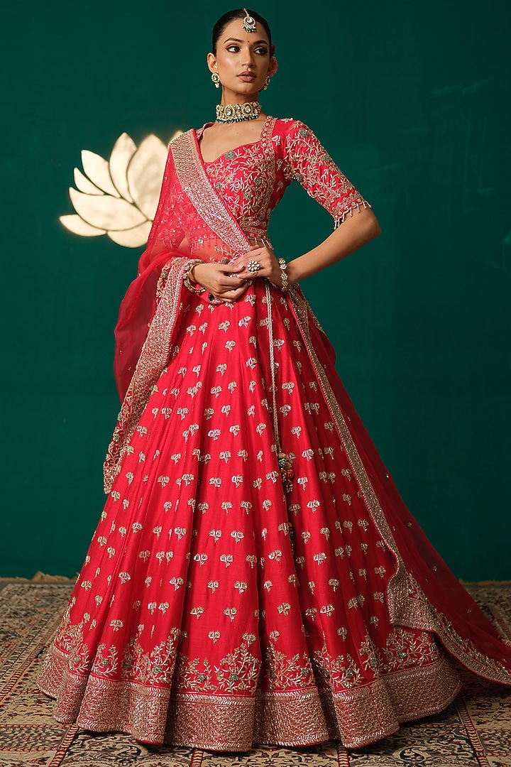 Red Silk Zardosi & Cutdana Hand Embroidered Flared Bridal Lehenga Set by Niloufer by Aasif Ally at Pernia's Pop Up Shop