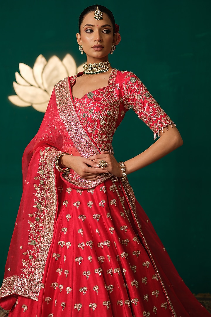 Red Silk Zardosi & Cutdana Hand Embroidered Flared Bridal Lehenga Set by Niloufer by Aasif Ally at Pernia's Pop Up Shop