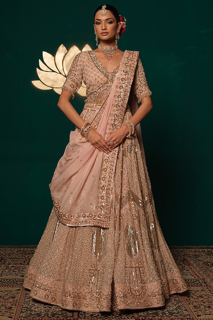 Pastel Pink Tissue Mirror & Sequin Embellished Bridal Lehenga Set by Niloufer by Aasif Ally at Pernia's Pop Up Shop