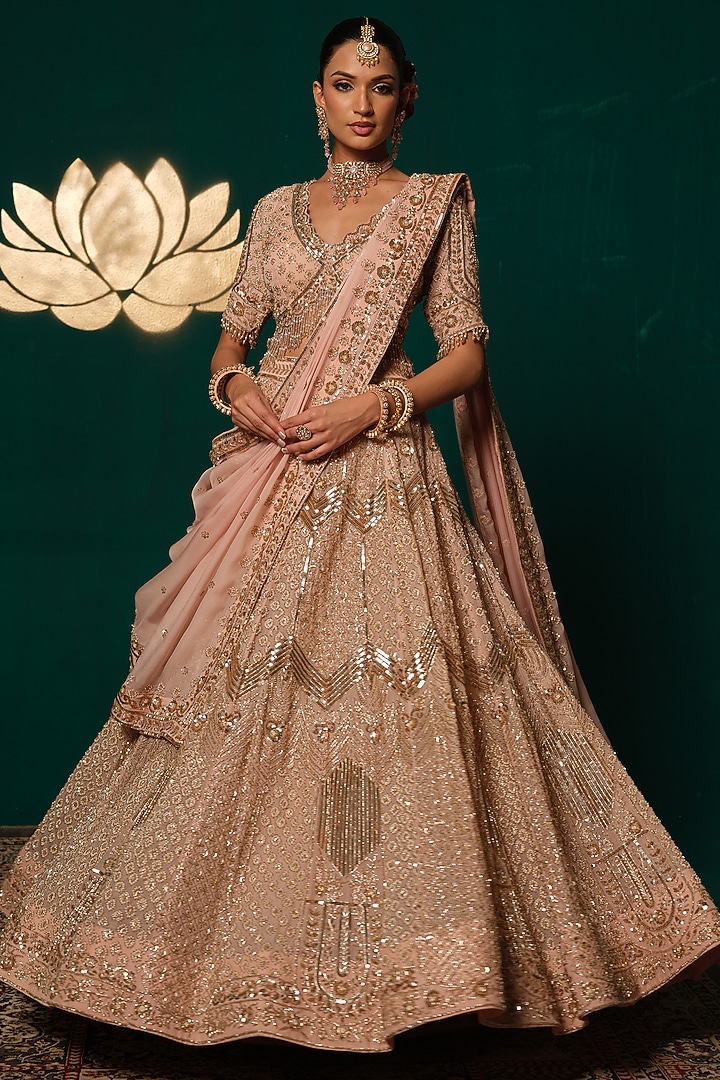 Pastel Pink Tissue Mirror & Sequin Embellished Bridal Lehenga Set by Niloufer by Aasif Ally at Pernia's Pop Up Shop