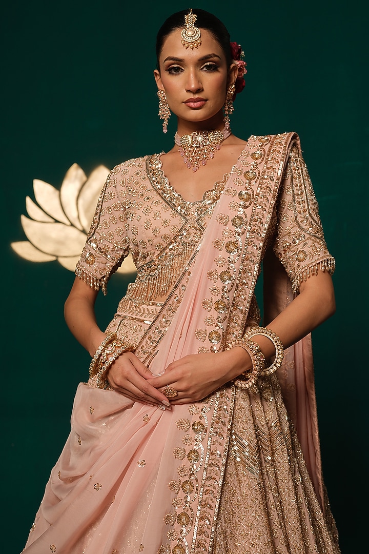 Pastel Pink Tissue Mirror & Sequin Embellished Bridal Lehenga Set by Niloufer by Aasif Ally at Pernia's Pop Up Shop