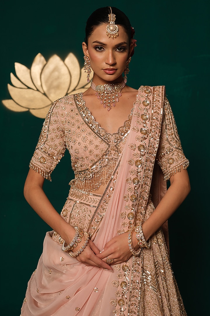 Pastel Pink Tissue Mirror & Sequin Embellished Bridal Lehenga Set by Niloufer by Aasif Ally at Pernia's Pop Up Shop