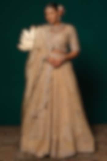 Golden-Beige Shimmer Tissue Thread & Sequin Embroidered Bridal Lehenga Set by Niloufer by Aasif Ally at Pernia's Pop Up Shop
