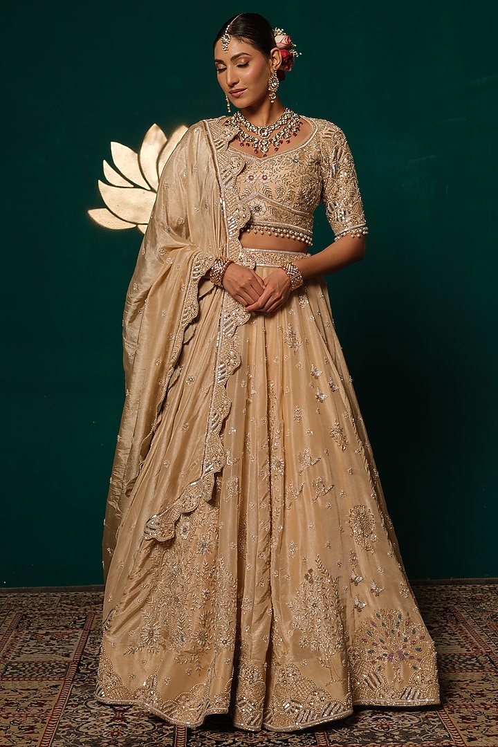 Golden-Beige Shimmer Tissue Thread & Sequin Embroidered Bridal Lehenga Set by Niloufer by Aasif Ally at Pernia's Pop Up Shop