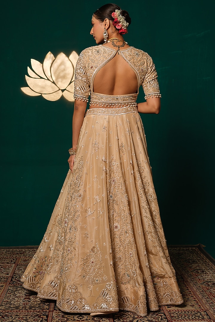 Golden-Beige Shimmer Tissue Thread & Sequin Embroidered Bridal Lehenga Set by Niloufer by Aasif Ally at Pernia's Pop Up Shop