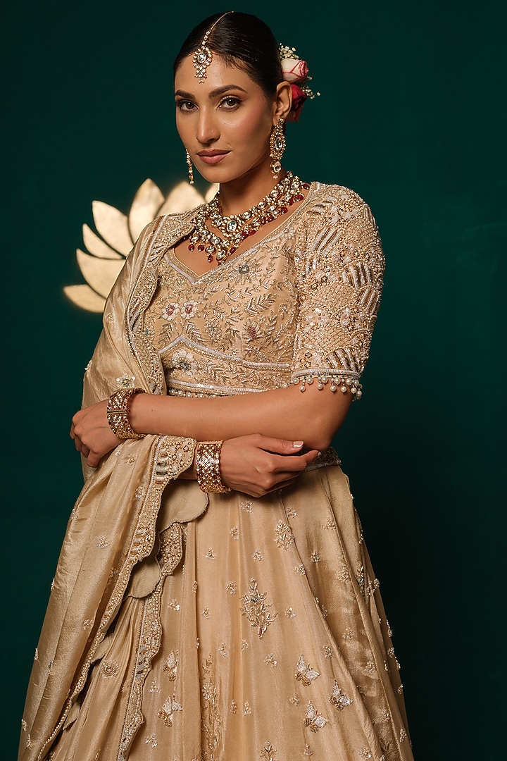 Golden-Beige Shimmer Tissue Thread & Sequin Embroidered Bridal Lehenga Set by Niloufer by Aasif Ally at Pernia's Pop Up Shop